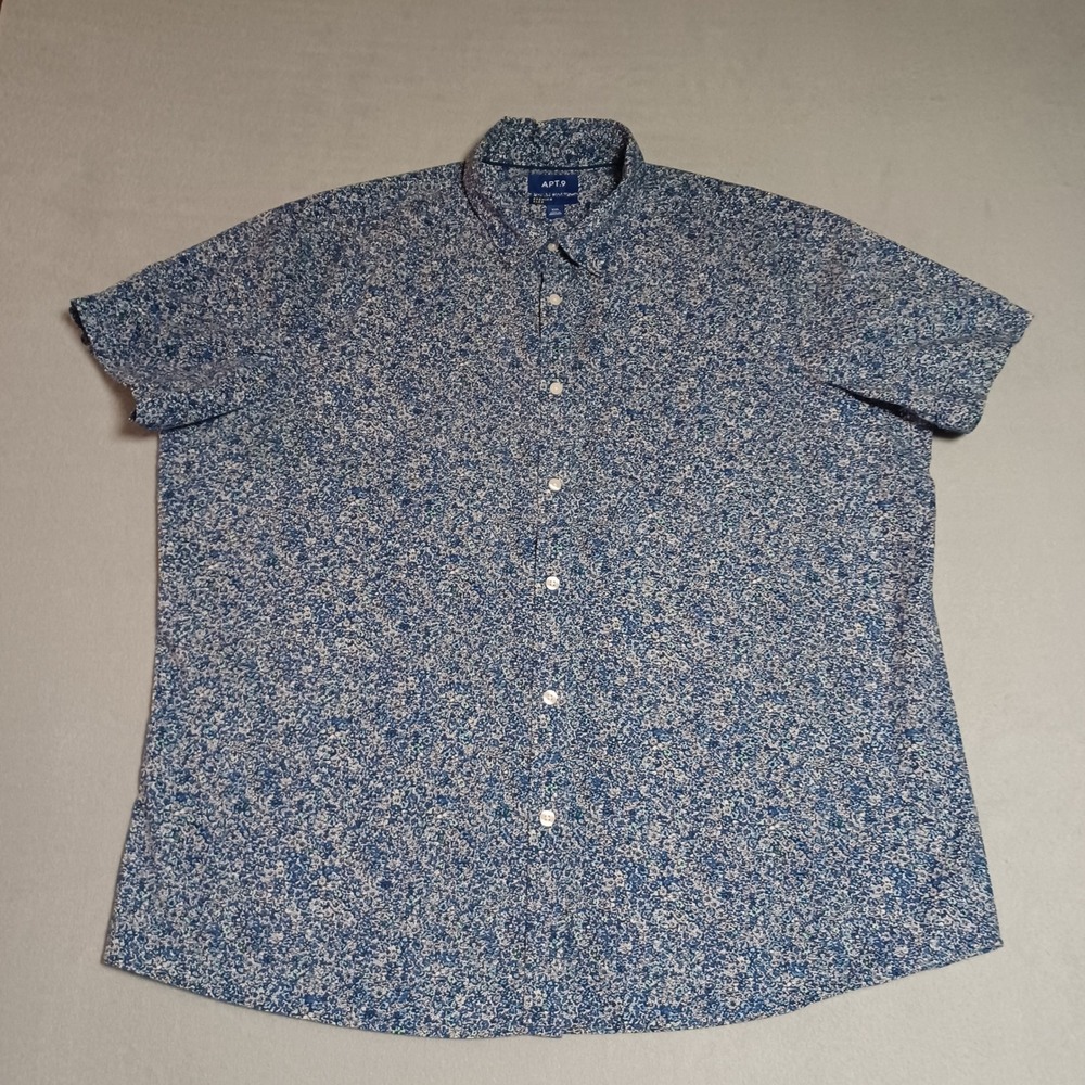 Apt. 9 Mens XXL Premier Flex Short Sleeve Button Down Shirt Blue Floral Ditsy